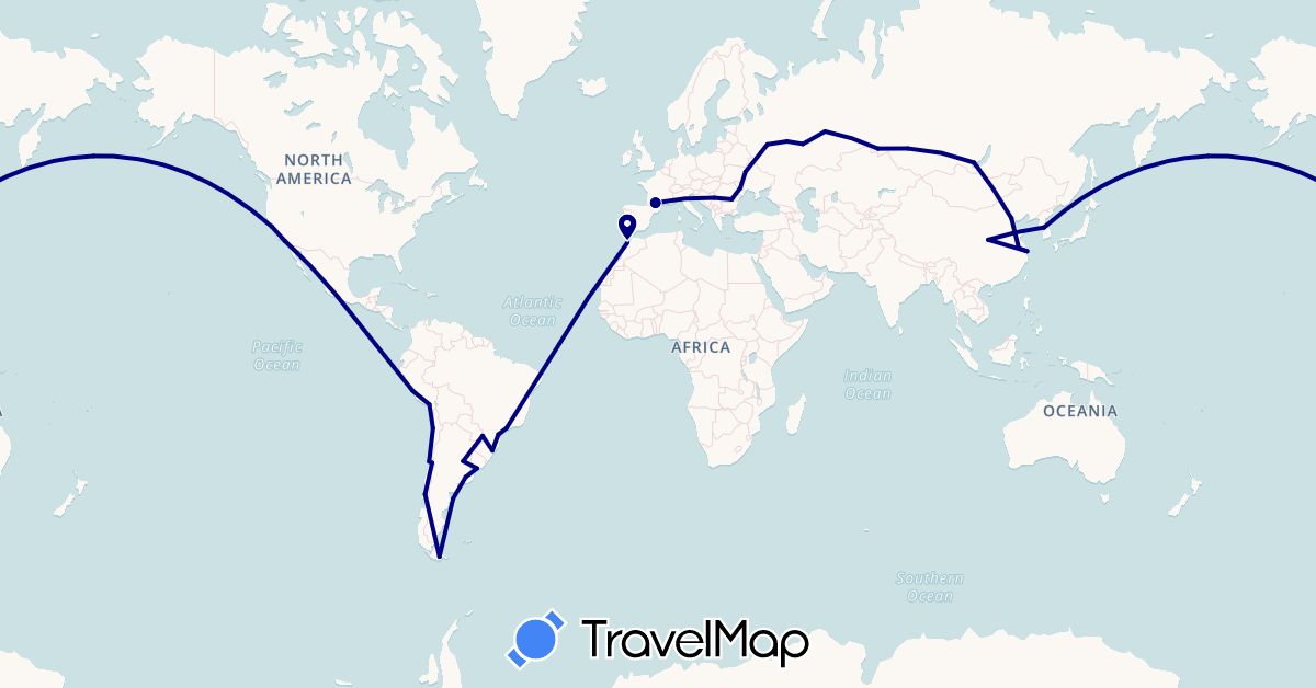 TravelMap itinerary: driving in Argentina, Brazil, Chile, China, France, South Korea, Morocco, Moldova, Peru, Romania, Serbia, Russia, Ukraine, United States, Uruguay (Africa, Asia, Europe, North America, South America)